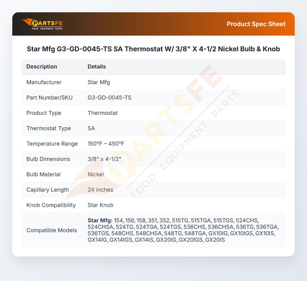 Star Mfg G3-GD-0045-TS Thermostat SA 3/8" X 4-1/2" Bulb 24" CAP