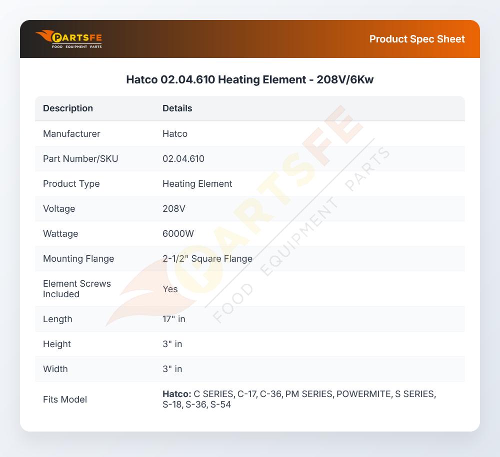 Hatco 02.04.610 Heating Element  - 208V/6Kw
