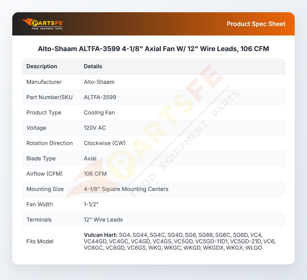 Alto-Shaam ALTFA-3599 Axial Cooling Fan 4-1/8" W/12" Wire Leads 106 CFM 115V