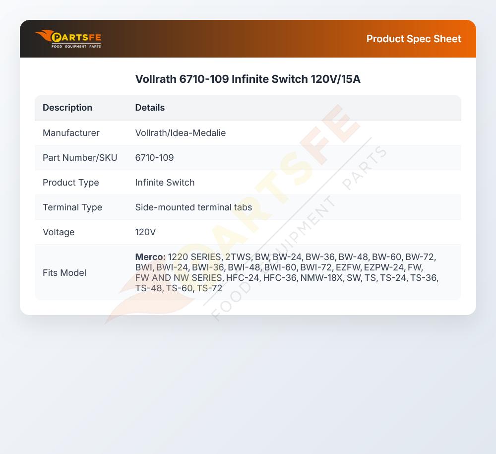 Vollrath 6710-109 Infinite Switch 120V/15A