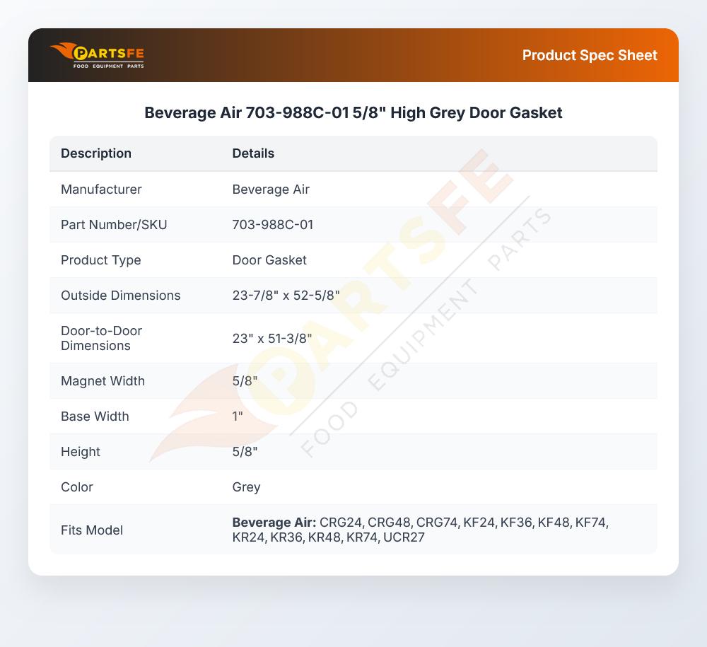 Beverage Air 703-988C-01 Door Gasket 23-7/8" X 52-5/8" OD 23" X 51 3/8" D TO D 5/8" High Grey