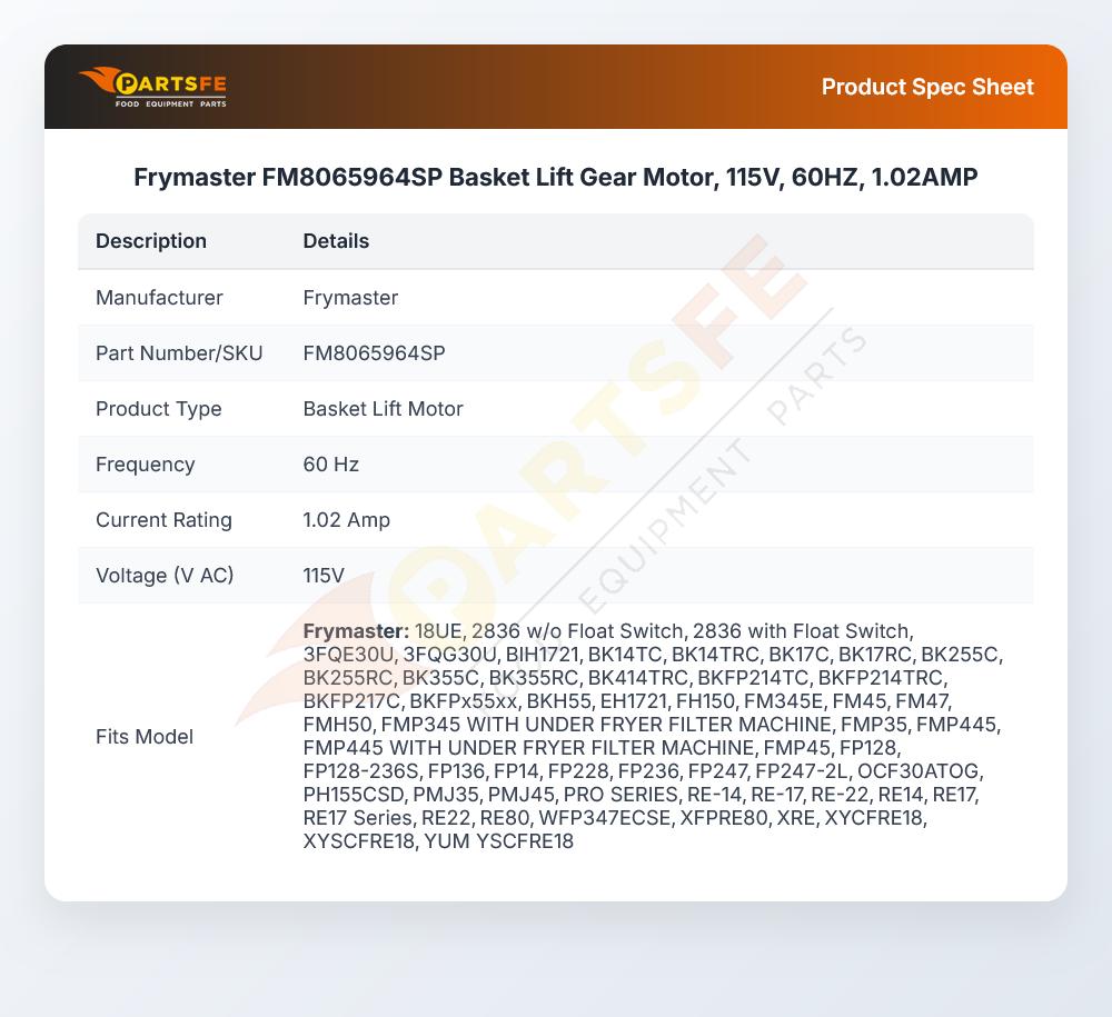 Frymaster FM8065964SP Fryer Basket Lift Gear Motor 1.02A 115V 60Hz