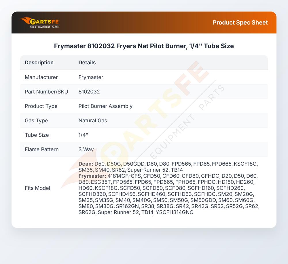 Frymaster 8102032 Fryer Pilot Burner Natural Gas 1/4" Tube Size