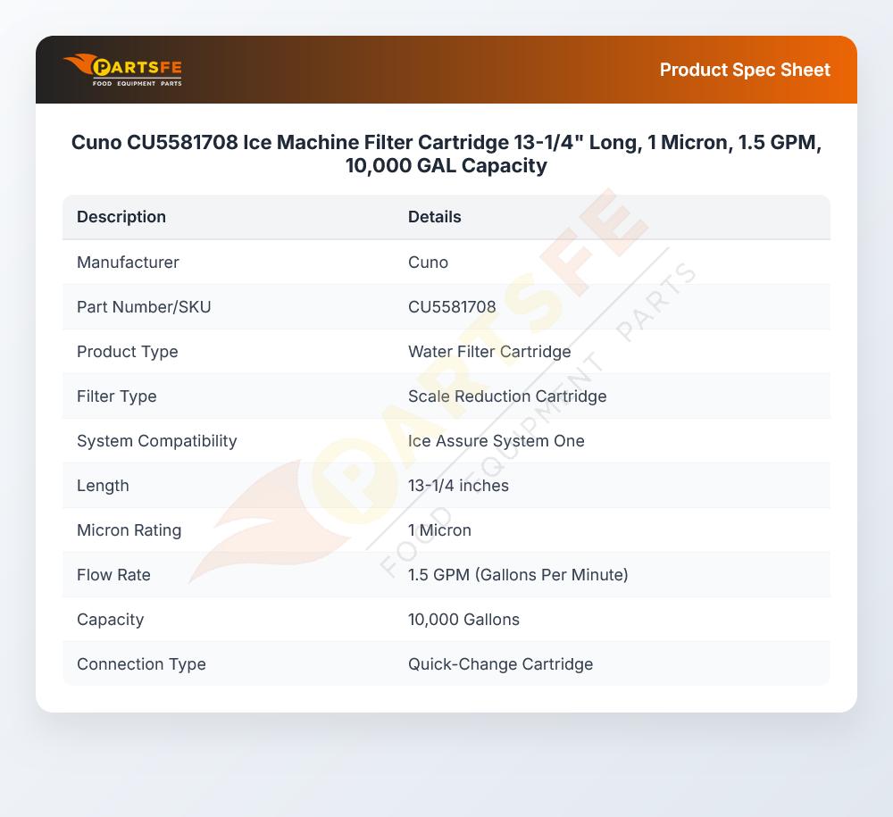 Cuno CU5581708 Ice Machine Filter Cartridge 13-1/4" Long, 1 Micron, 1.5 GPM, 10,000 GAL Capacity