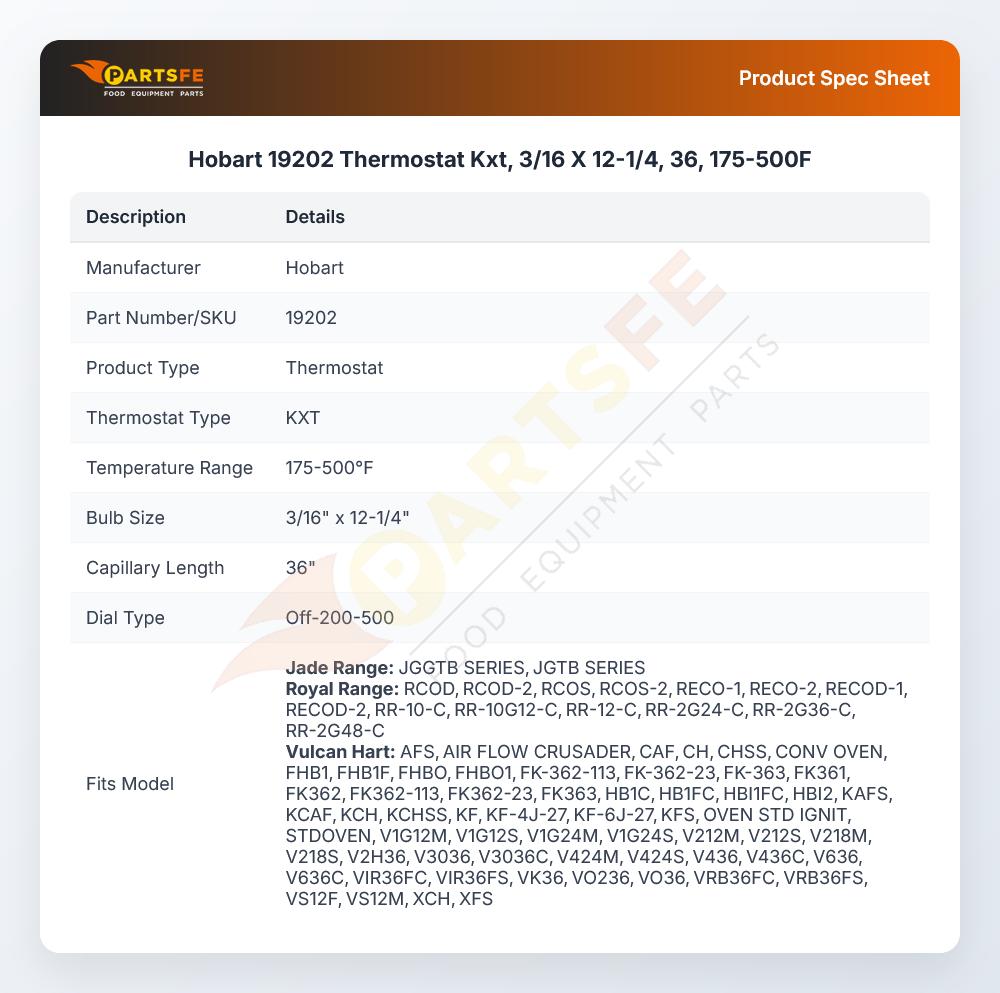 Hobart 19202 Thermostat 175-500&deg;F 3/16" X 12-1/4" Bulb 36" CAP KXT