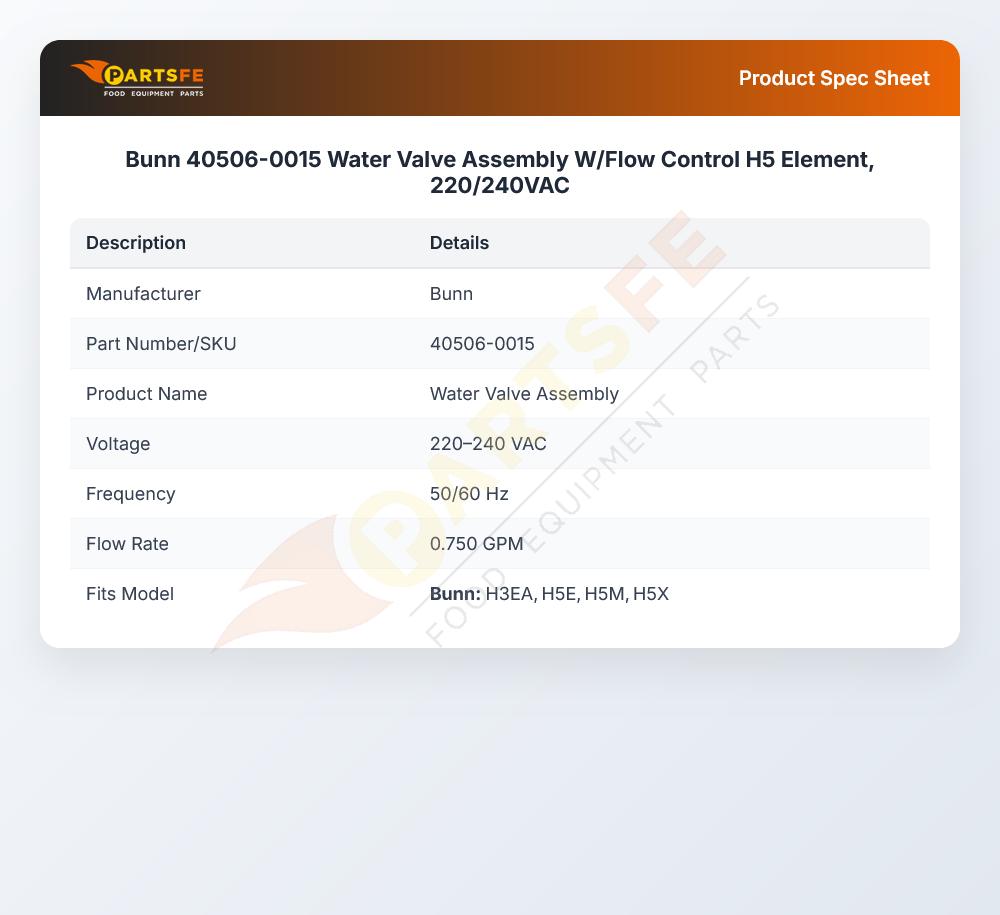 Bunn 40506-0015 Water Valve Assembly W/Flow Control H5 Element, 220/240VAC
