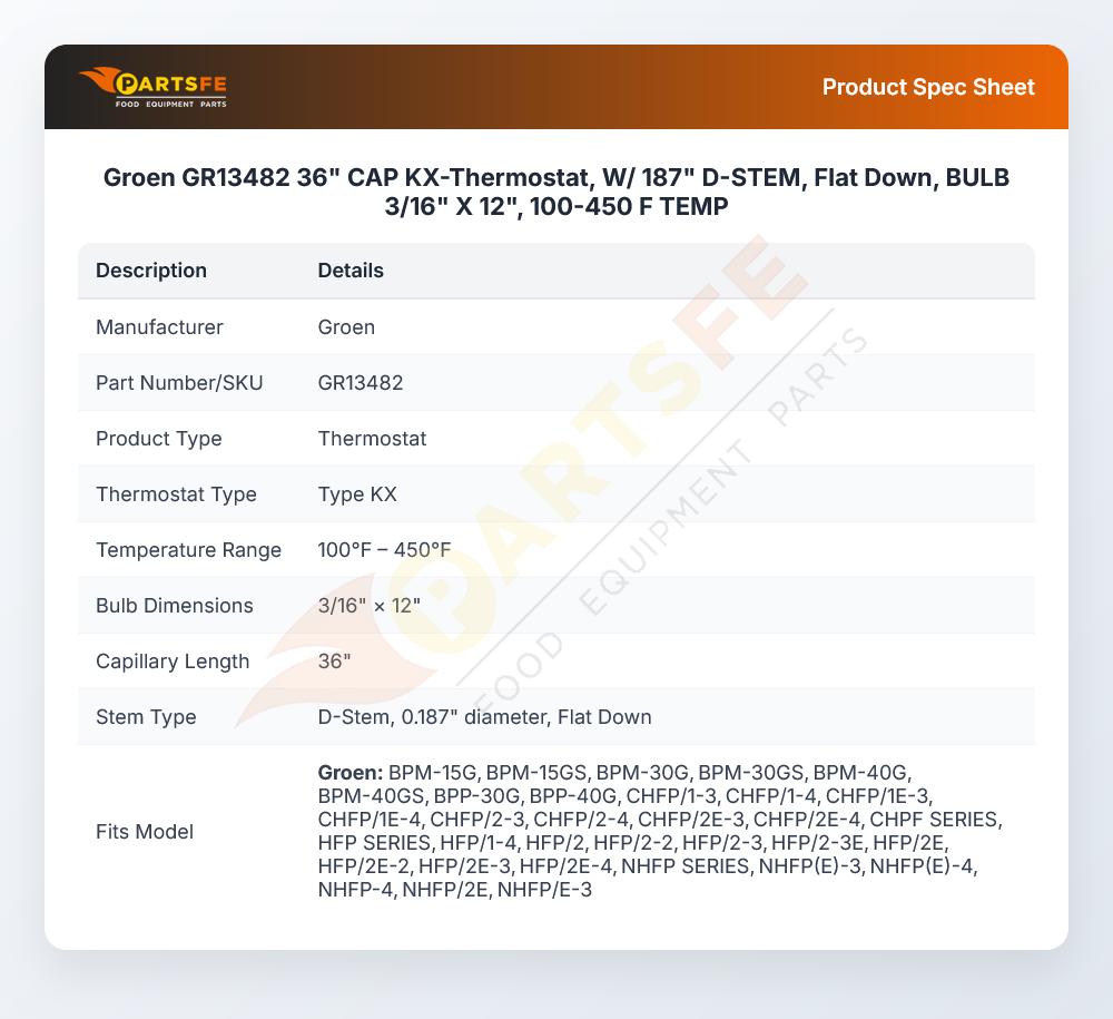 Groen GR13482 36" CAP KX-Thermostat, W/ 187" D-STEM, Flat Down, BULB 3/16" X 12", 100-450 F TEMP