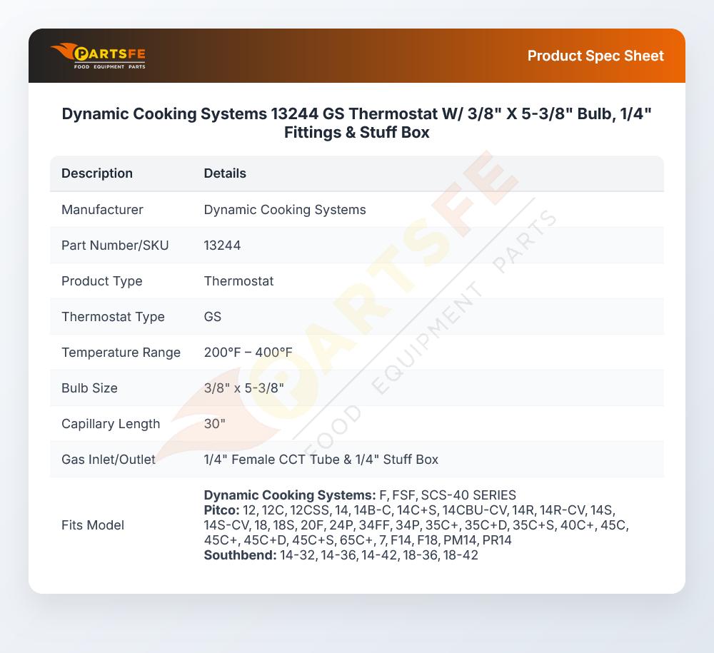 Dynamic Cooking Systems 13244 Thermostat GS