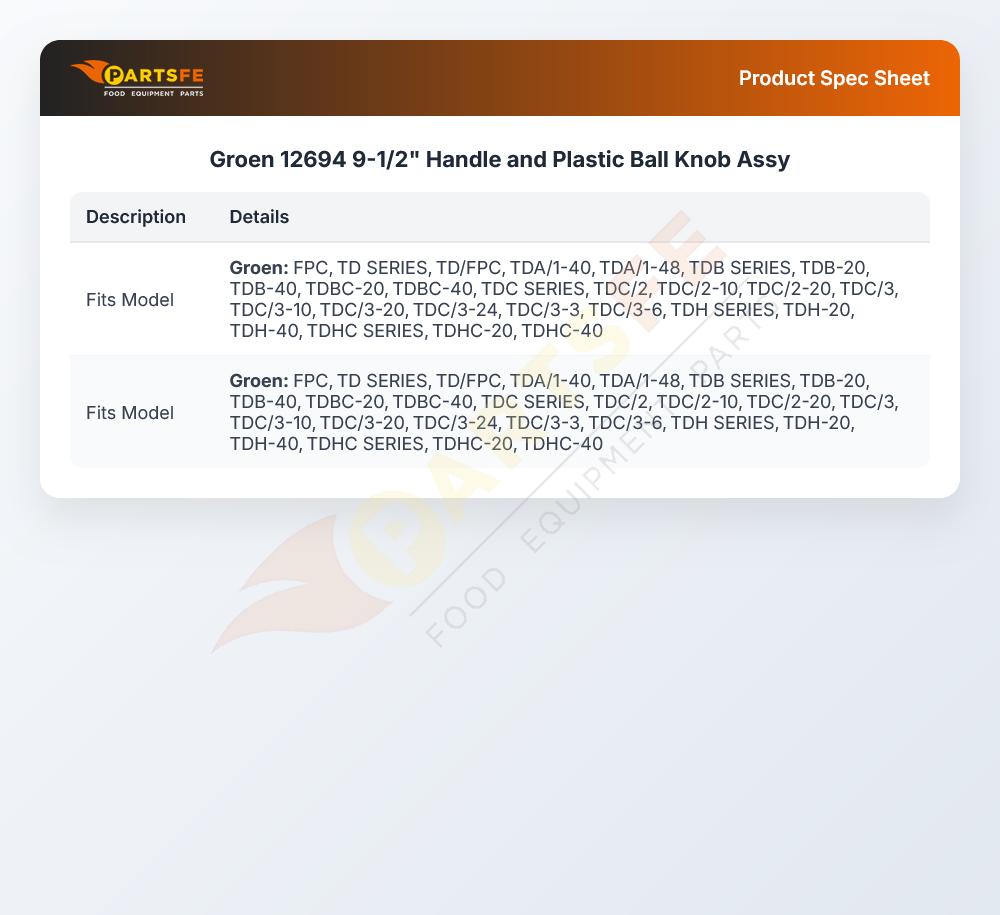 Groen 12694 Handle W/Plastic Ball Knob Assembly 9-1/2"