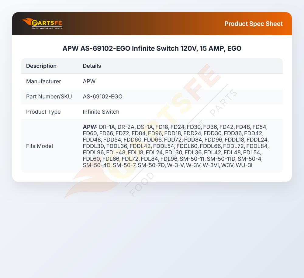 APW AS-69102-EGO Infinite Switch 120V, 15 AMP, EGO