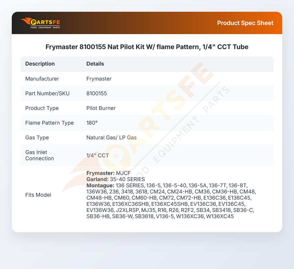 Frymaster 8100155 Nat Pilot Kit W/ flame Pattern, 1/4" CCT Tube