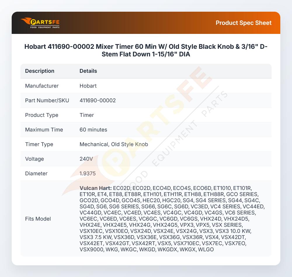 Hobart 411690-00002 Mixer Timer 60 Min W/ Old Style Black Knob & 3/16" D-Stem Flat Down 1-15/16" DIA