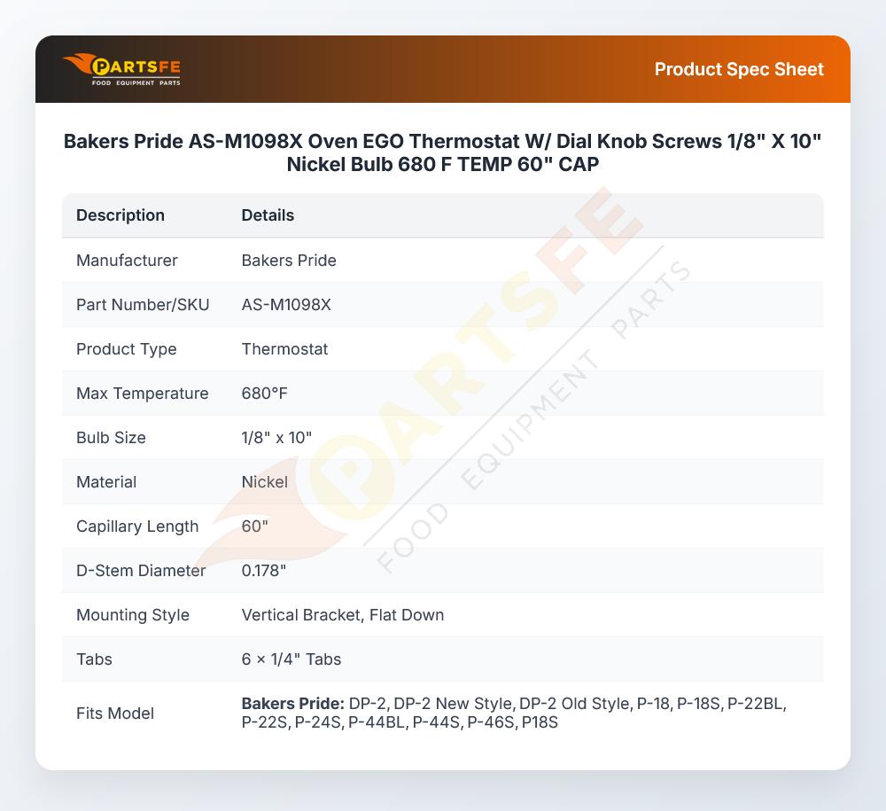 Bakers Pride AS-M1098X Oven Thermostat W/Knob 680&deg;F EGO