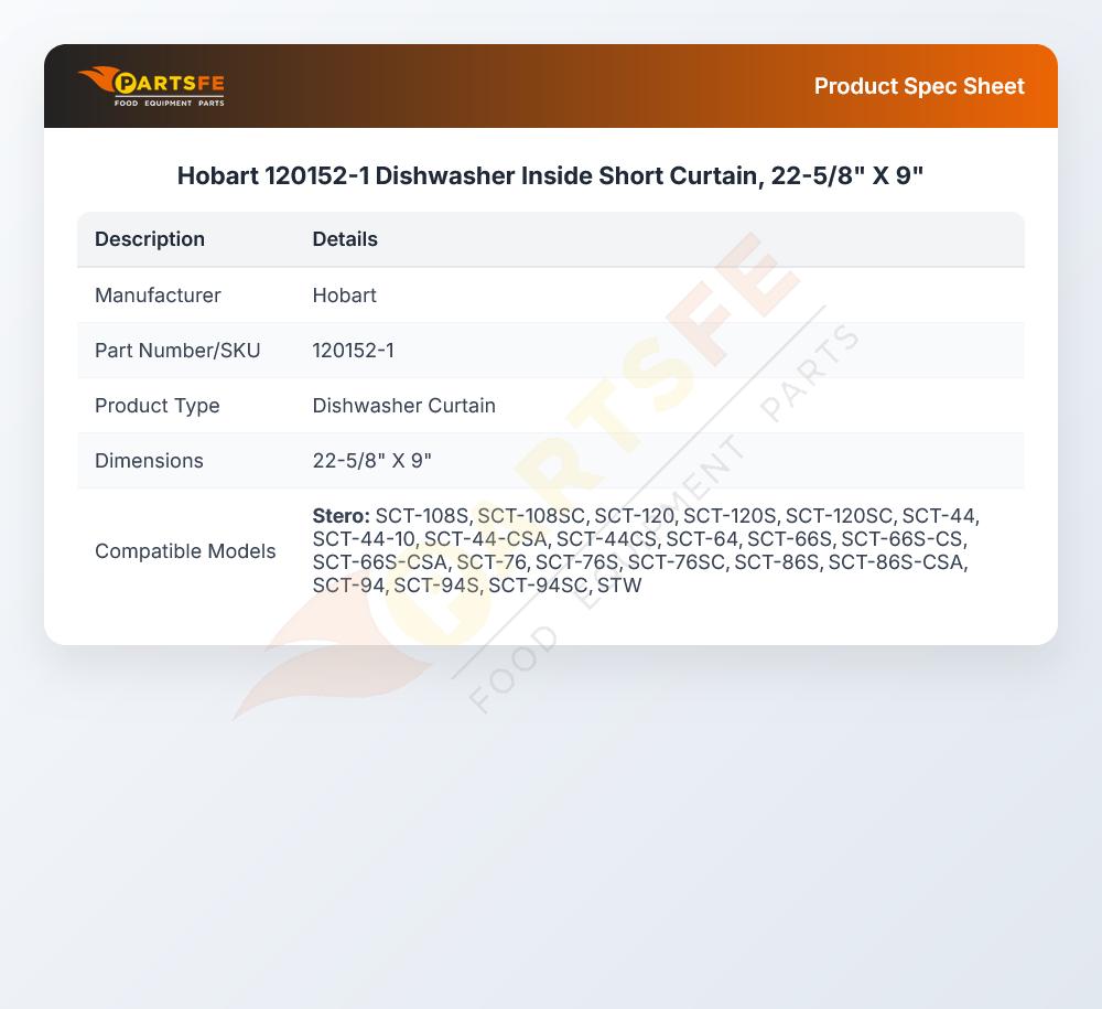 Hobart 120152-1 Dishwasher Inside Short Curtain, 22-5/8" X 9"