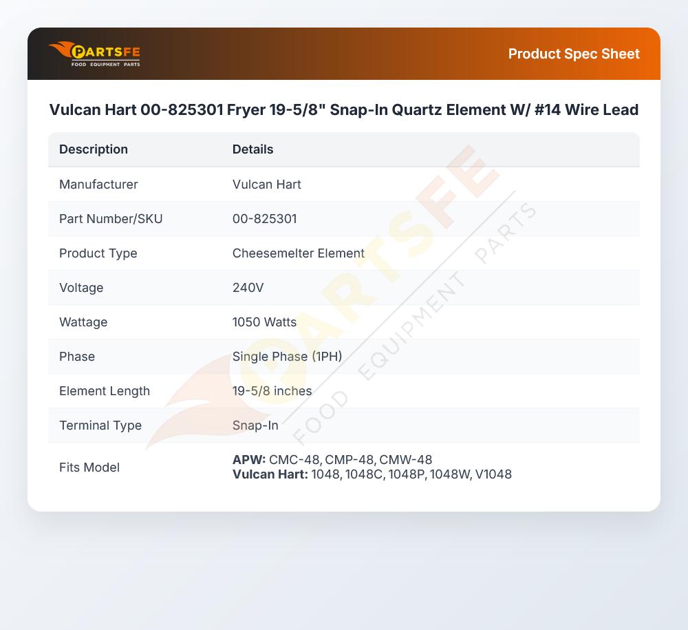 Vulcan Hart 00-825301 Fryer 19-5/8" Snap-In Quartz Element W/ #14 Wire Lead