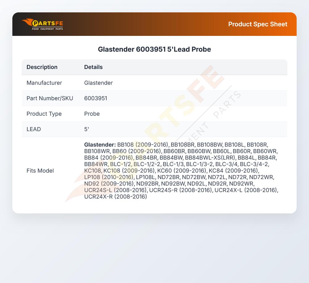 Glastender 6003951 5'Lead Probe