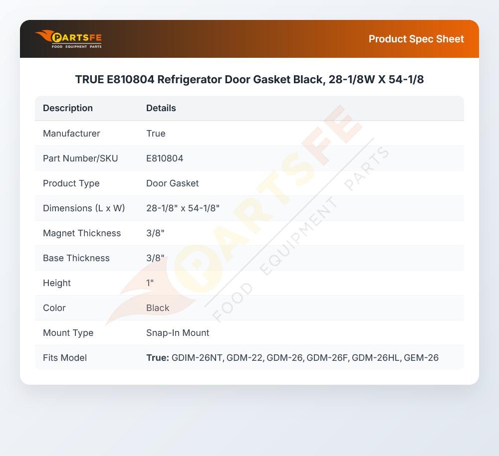 TRUE E810804 Refrigerator Door Gasket Black,  28-1/8W X 54-1/8