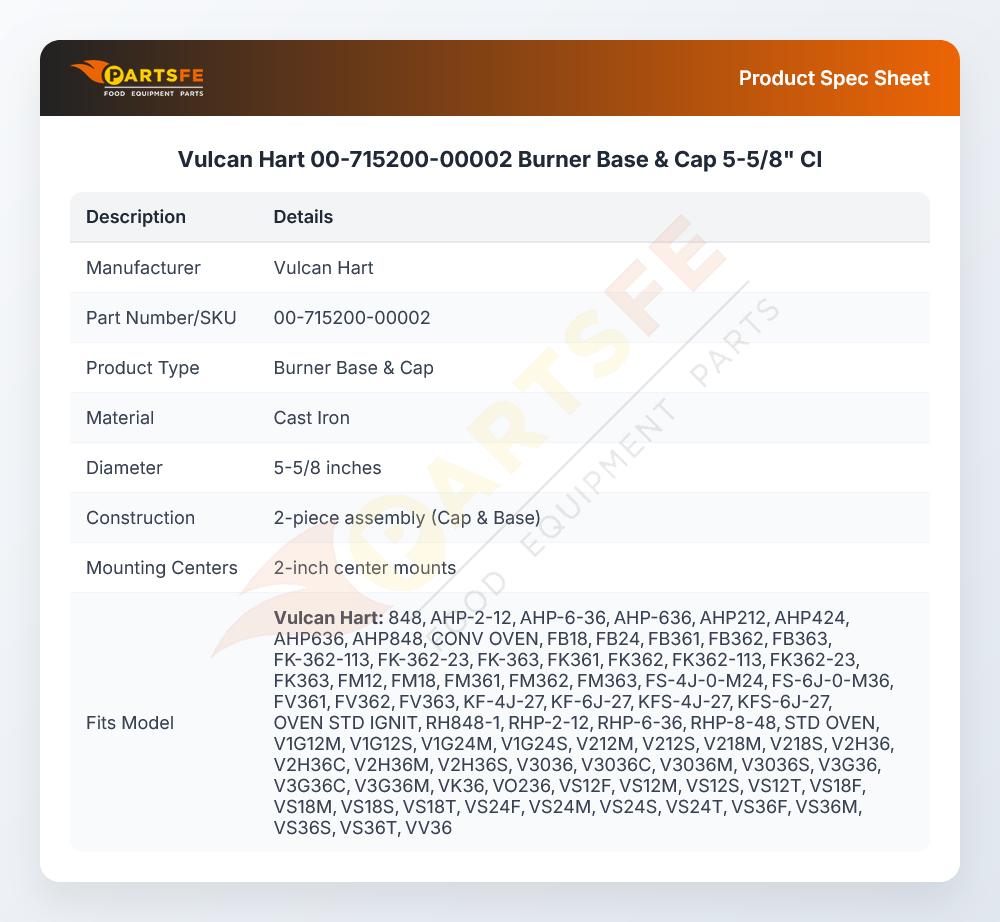 Vulcan Hart 00-715200-00002 Burner Base & Cap 5-5/8"  CI