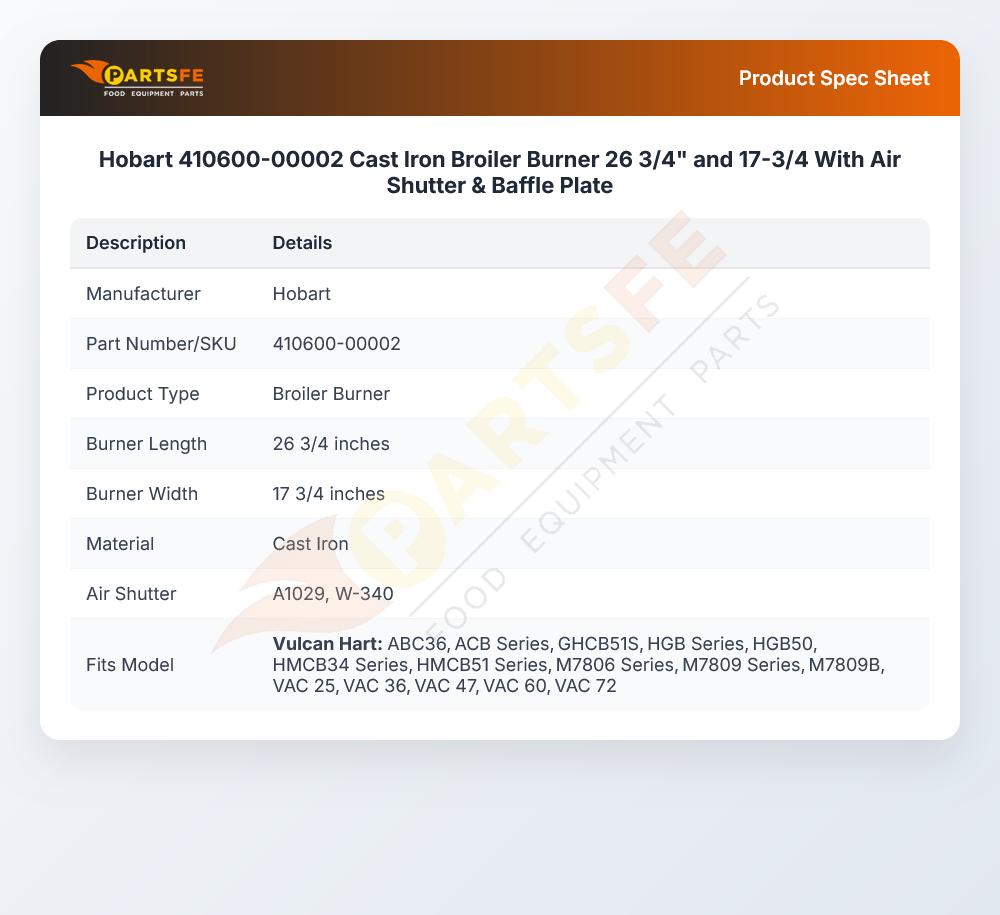 Hobart 410600-00002 Cast Iron Broiler Burner 26 3/4" and 17-3/4 With Air Shutter & Baffle Plate