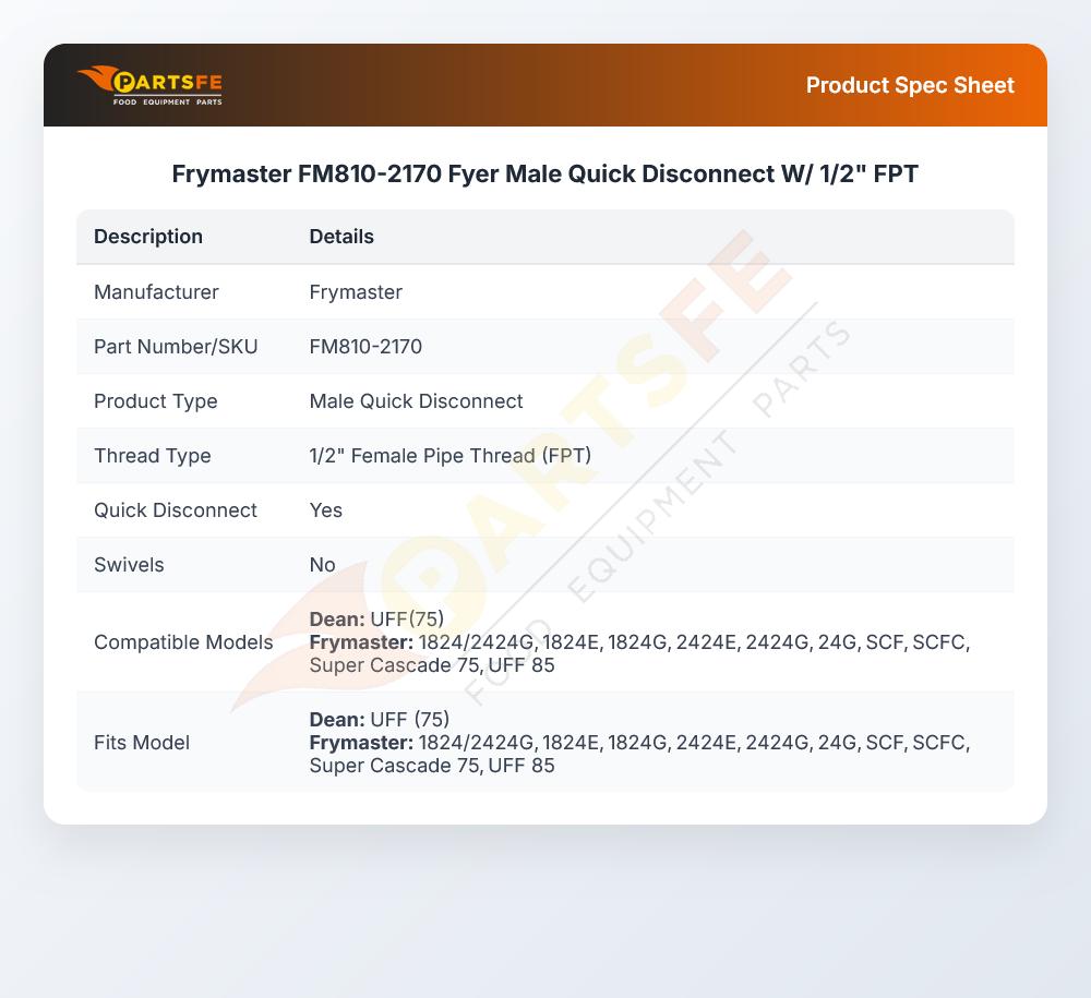 Frymaster FM810-2170 Fyer Male Quick Disconnect W/ 1/2" FPT