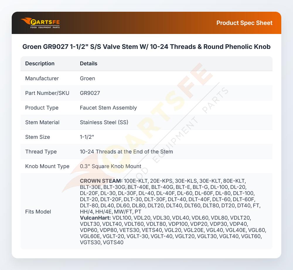 Groen GR9027 Stem Valve W/10-24 Threads & Round Phenolic Knob 1-1/2" SS