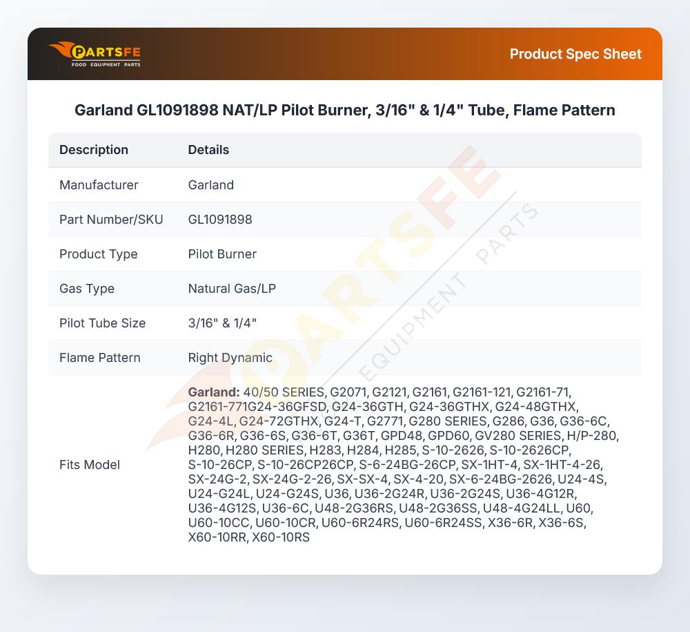 Garland GL1091898 NAT/LP Pilot Burner Flame Pattern 3/16" & 1/4" Tube