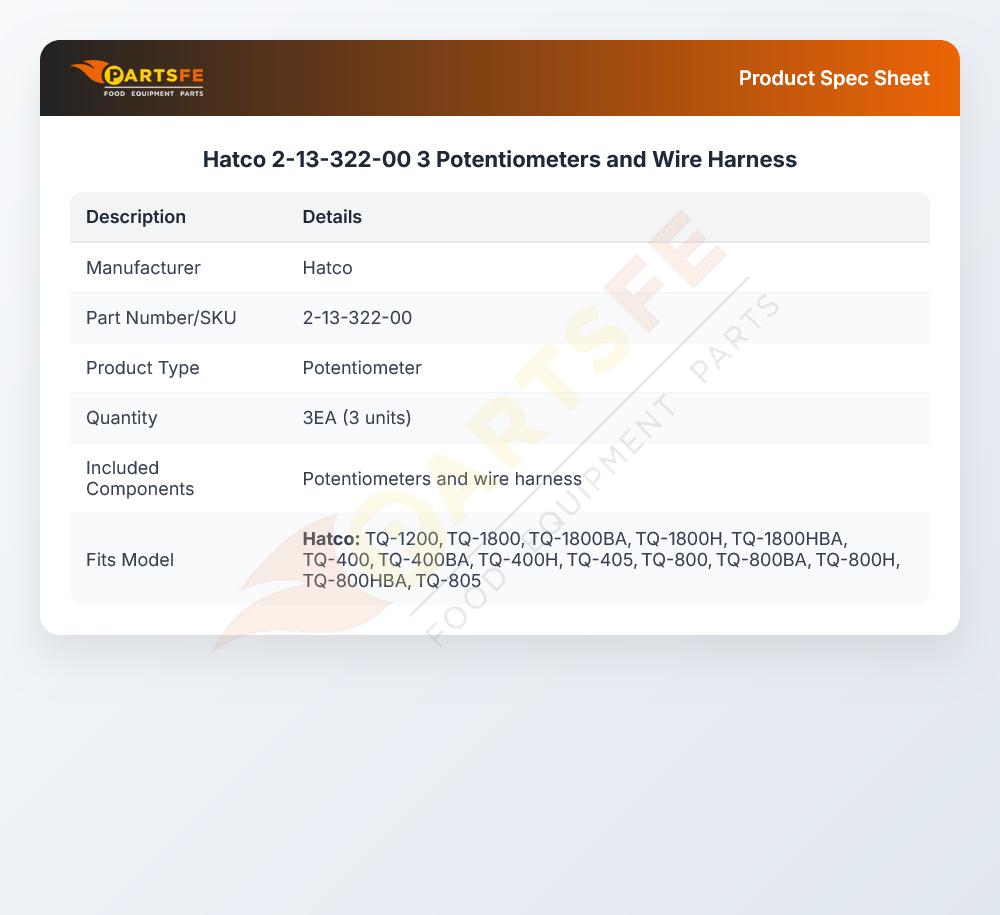 Hatco 2-13-322-00 3 Potentiometers and Wire Harness