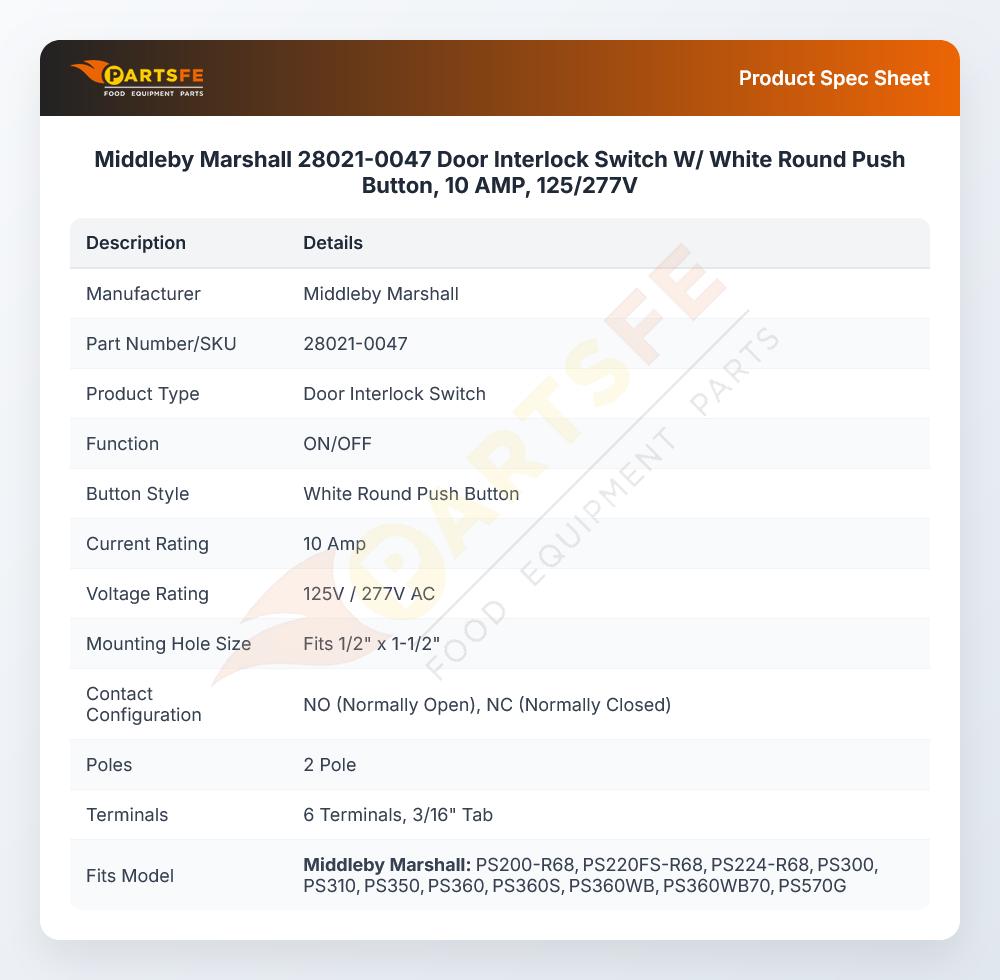 Middleby Marshall 28021-0047 Door Interlock Switch W/ White Round Push Button, 10 AMP, 125/277V
