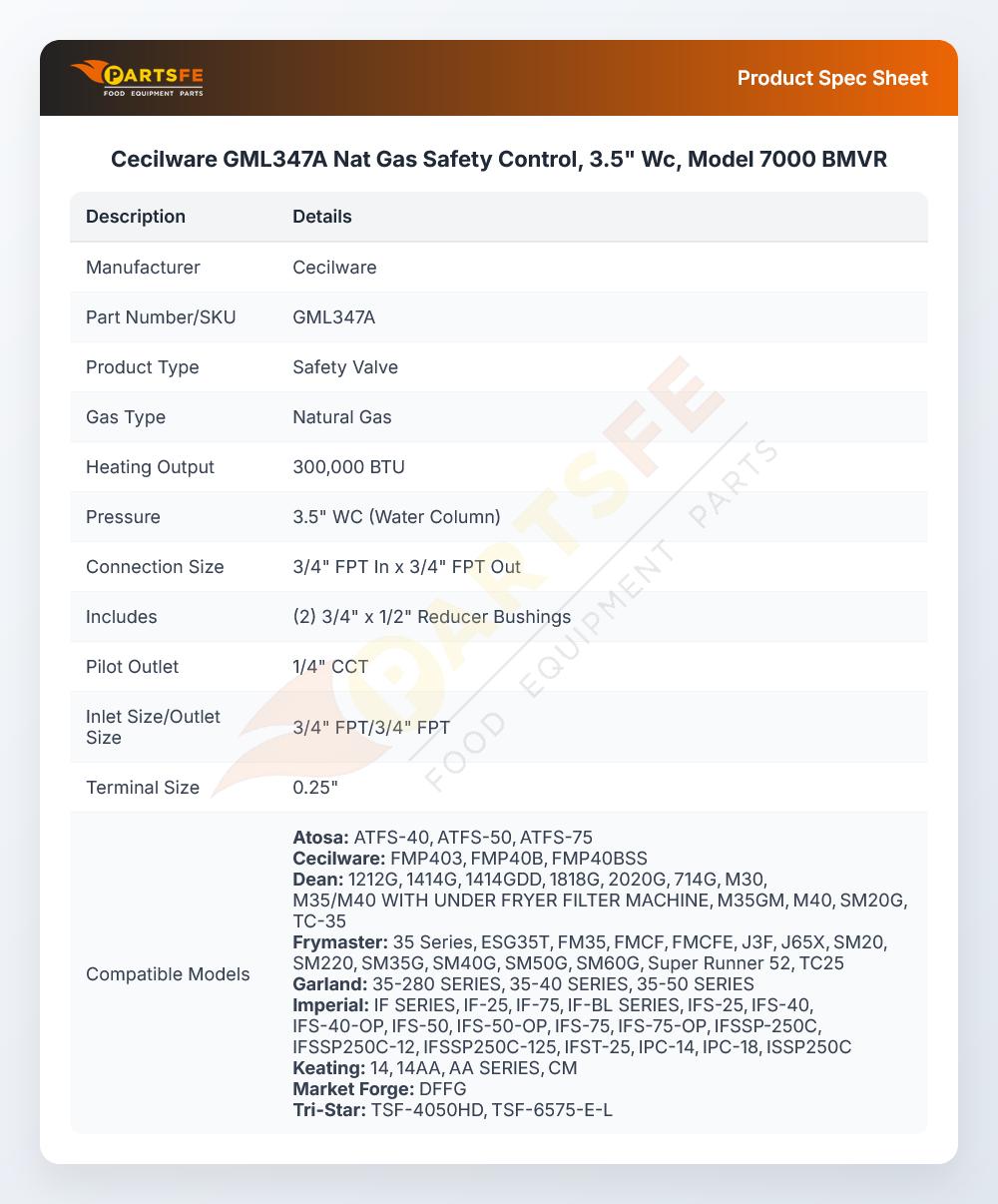Cecilware GML347A Natural Gas Safety Control 3.5" WC Model 7000BMVR