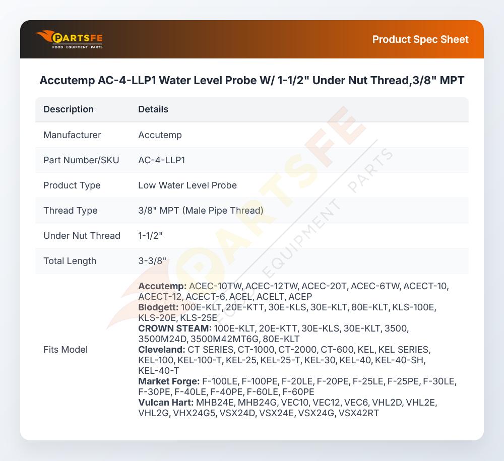 Accutemp AC-4-LLP1 Water Level Probe W/1-1/2" Under Nut Thread 3/8" MPT