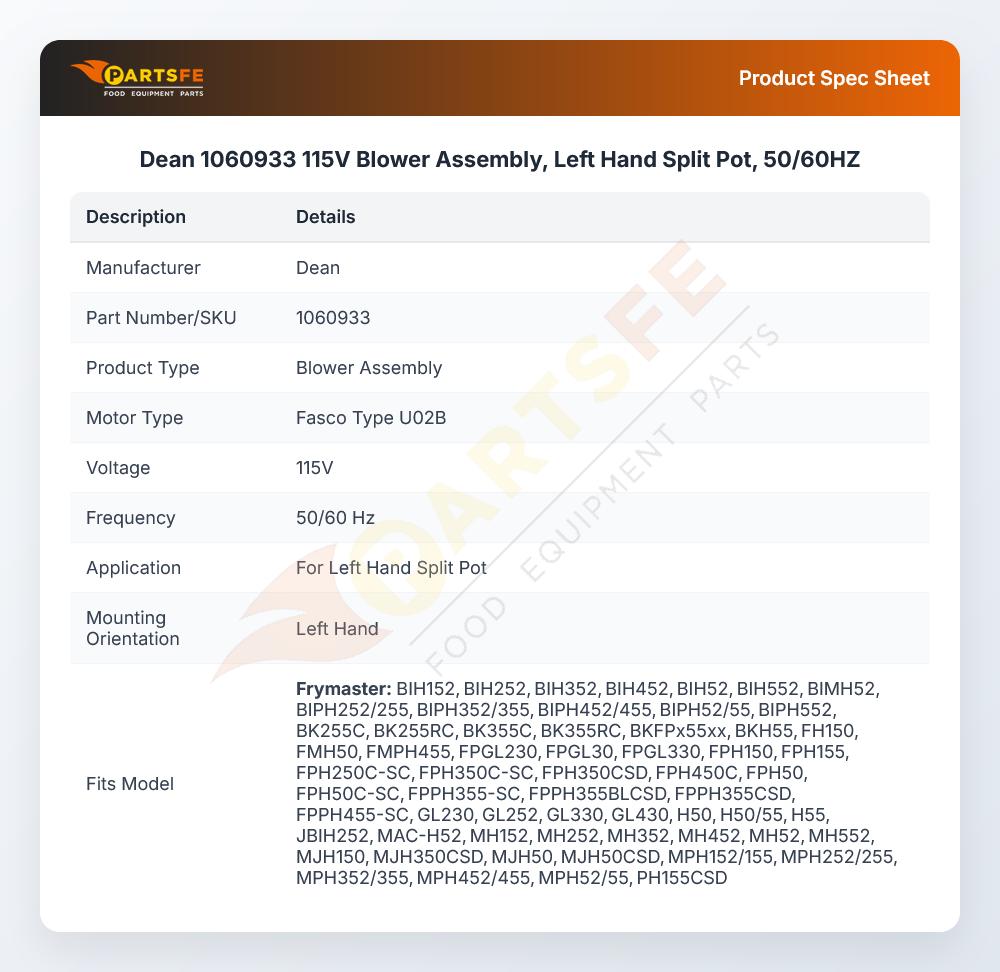Dean 1060933 Blower Assembly 115V 50/60Hz