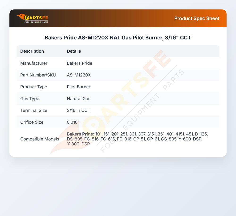Bakers Pride AS-M1220X Pizza Oven Pilot Burner Natural Gas 3/16" CCT