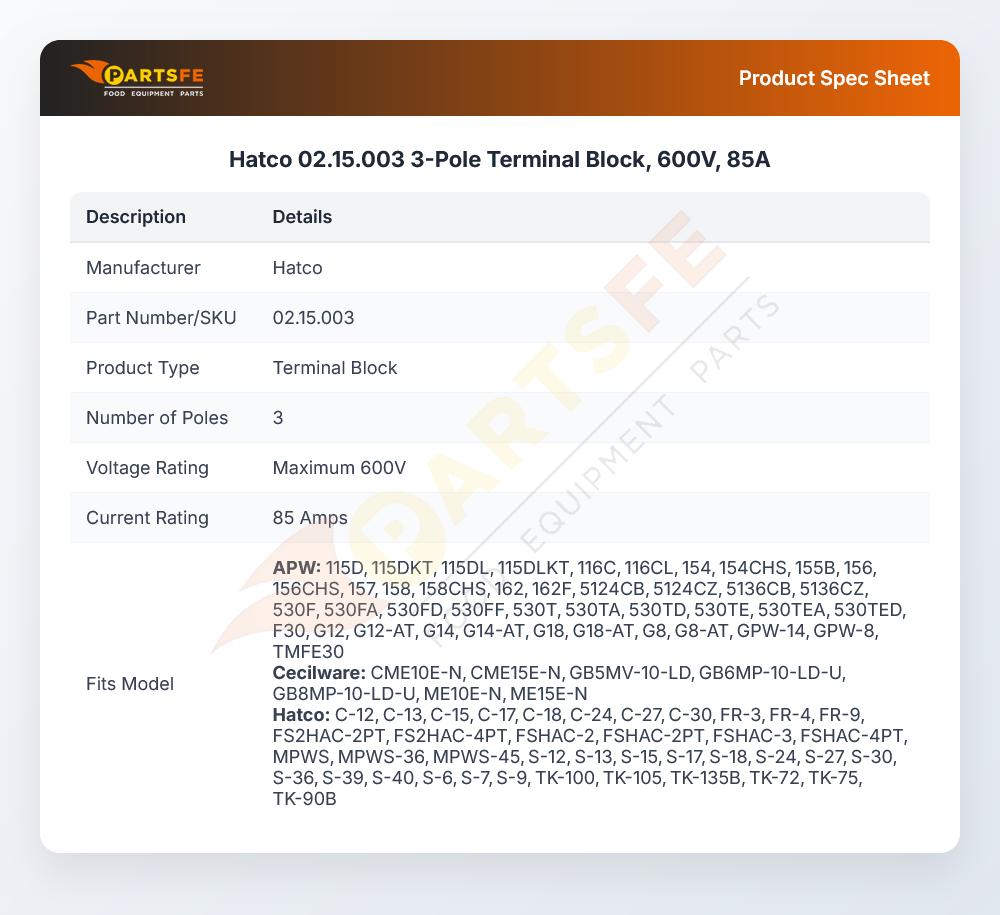 Hatco 02.15.003 3-Pole Terminal Block, 600V, 85A