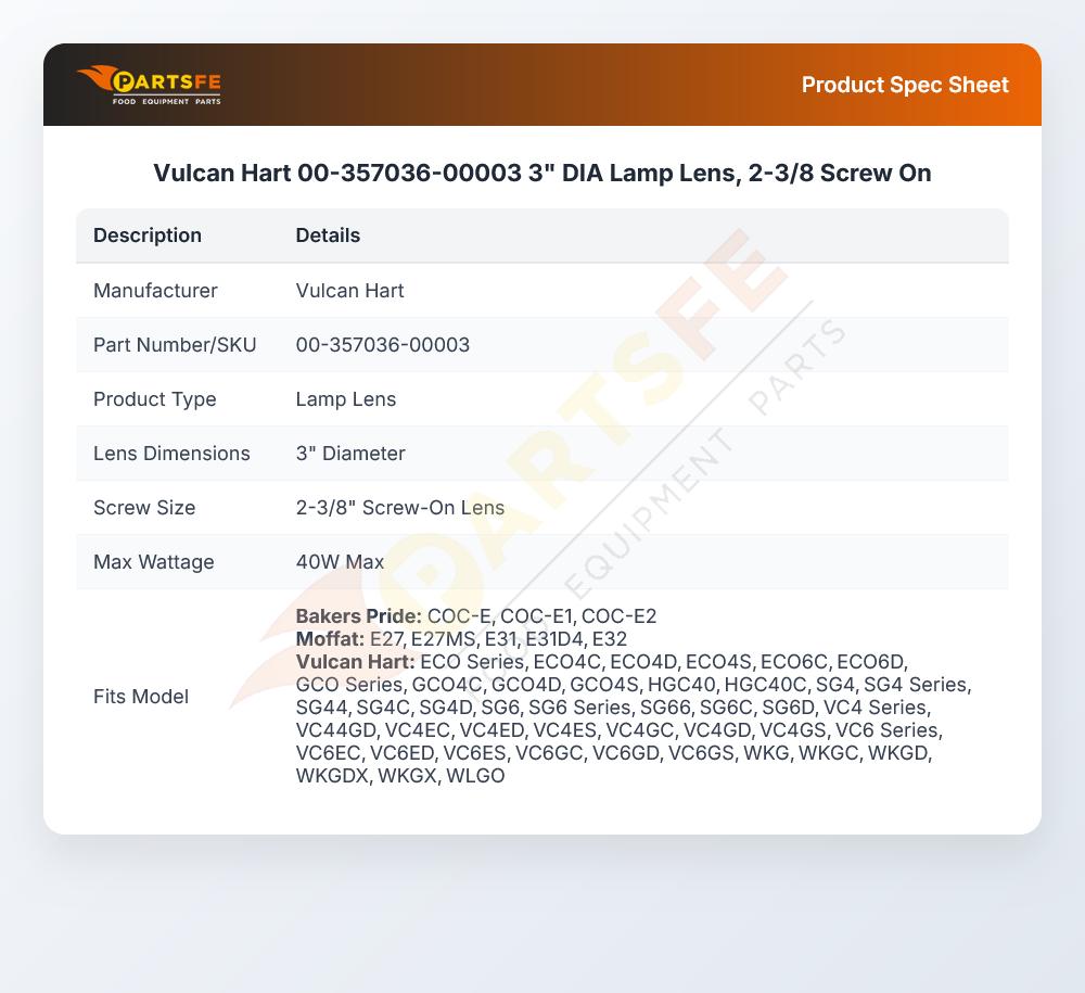 Vulcan Hart 00-357036-00003 Oven Lamp Lens 3" DIA 2-3/8 Screw On