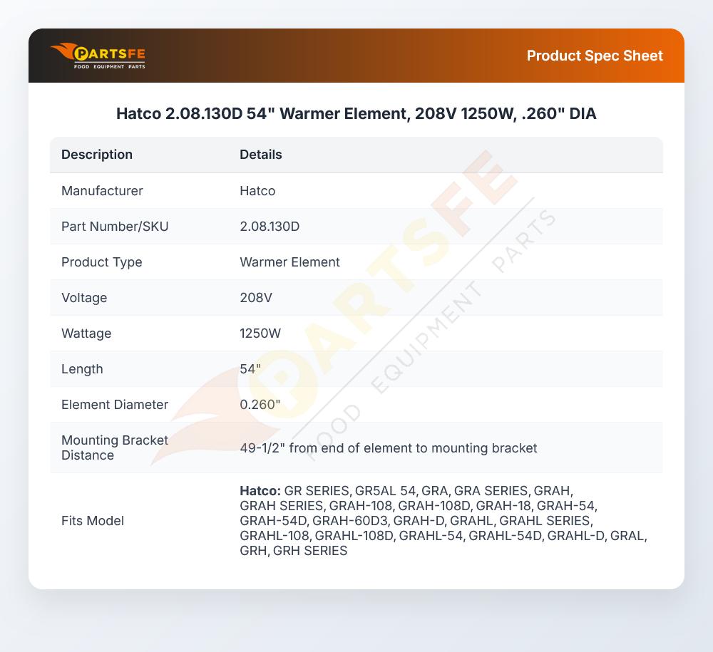 Hatco 2.08.130D 54" Warmer Element, 208V 1250W,  .260" DIA
