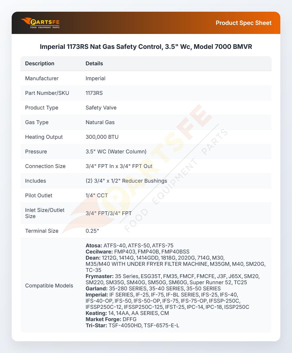 Imperial 1173RS Natural Gas Safety Control Valve 3.5" WC Model 7000BMVR