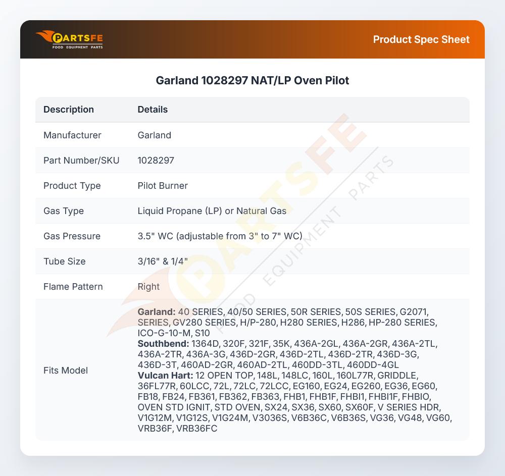 Garland 1028297 Pilot Assembly Natural Gas