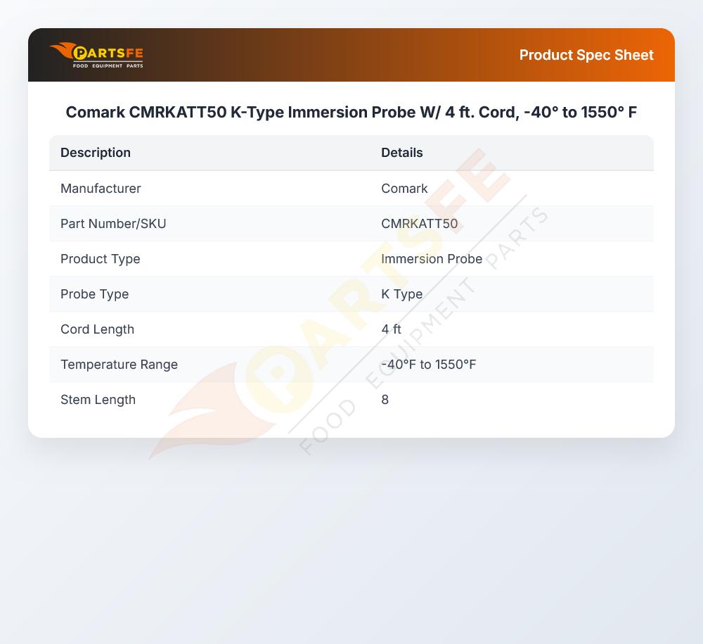 Comark CMRKATT50 K-Type Immersion Probe W/ 4 ft. Cord,  -40&deg; to 1550&deg; F