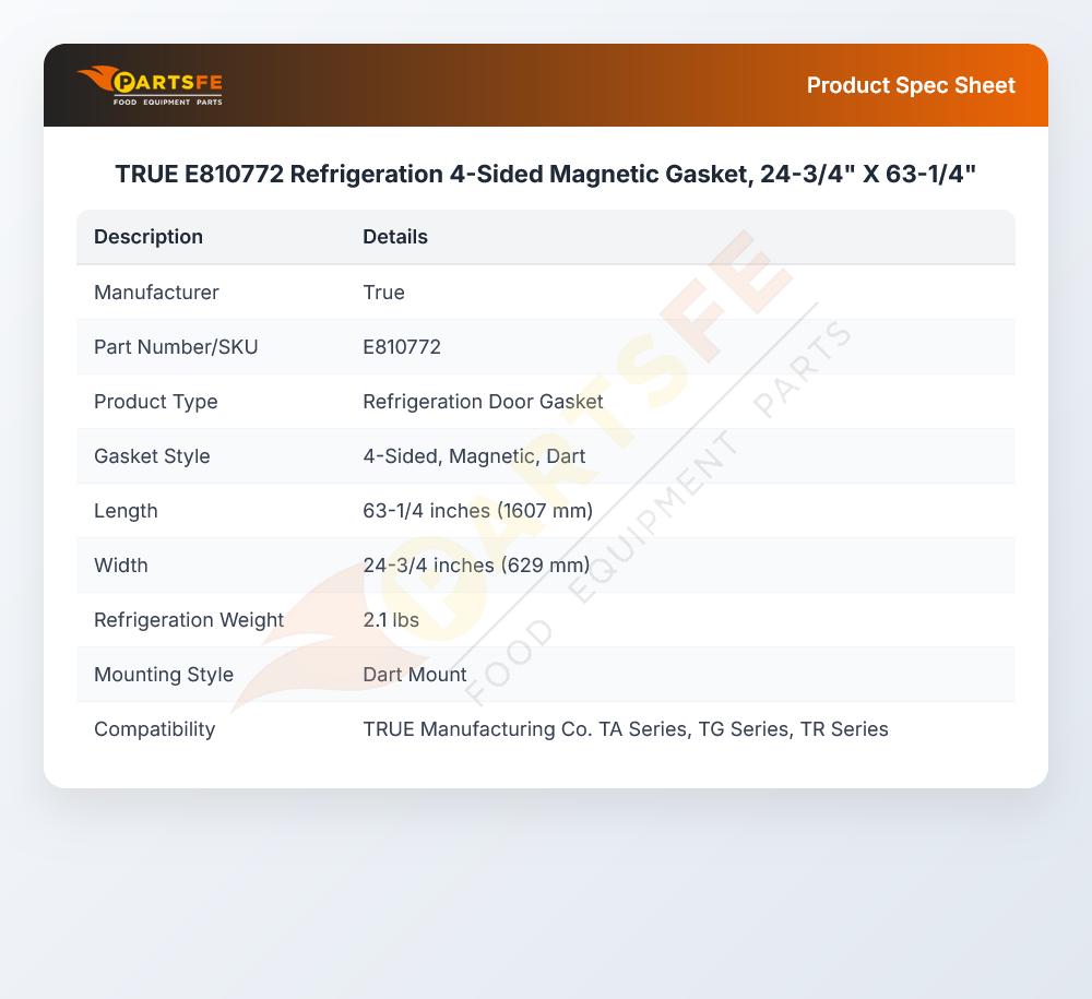 TRUE E810772 Refrigeration 4-Sided Magnetic Gasket, 24-3/4" X 63-1/4"