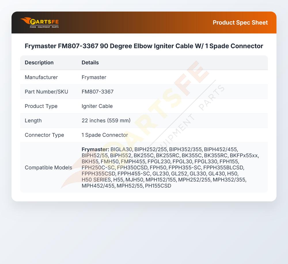 Frymaster FM807-3367 90 Degree Elbow Igniter Cable W/ 1 Spade Connector