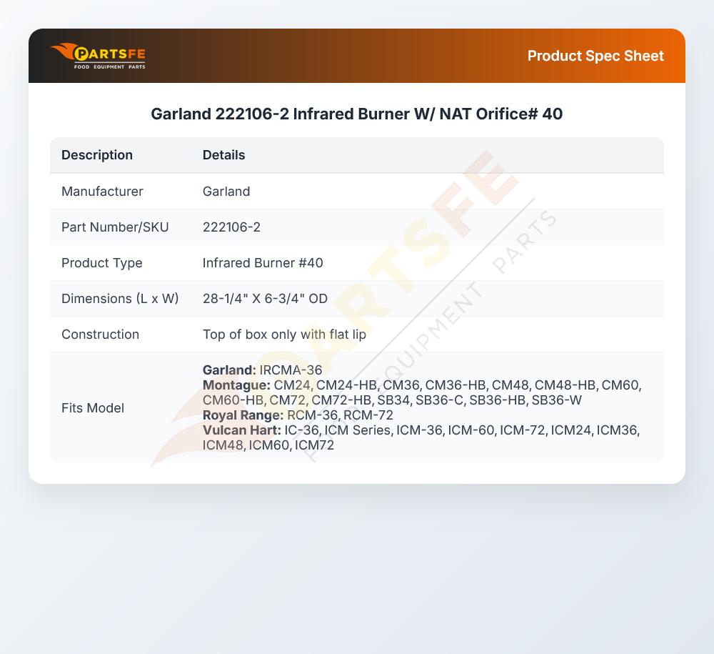 Garland 222106-2 Infrared Burner W/NAT Orifice #40