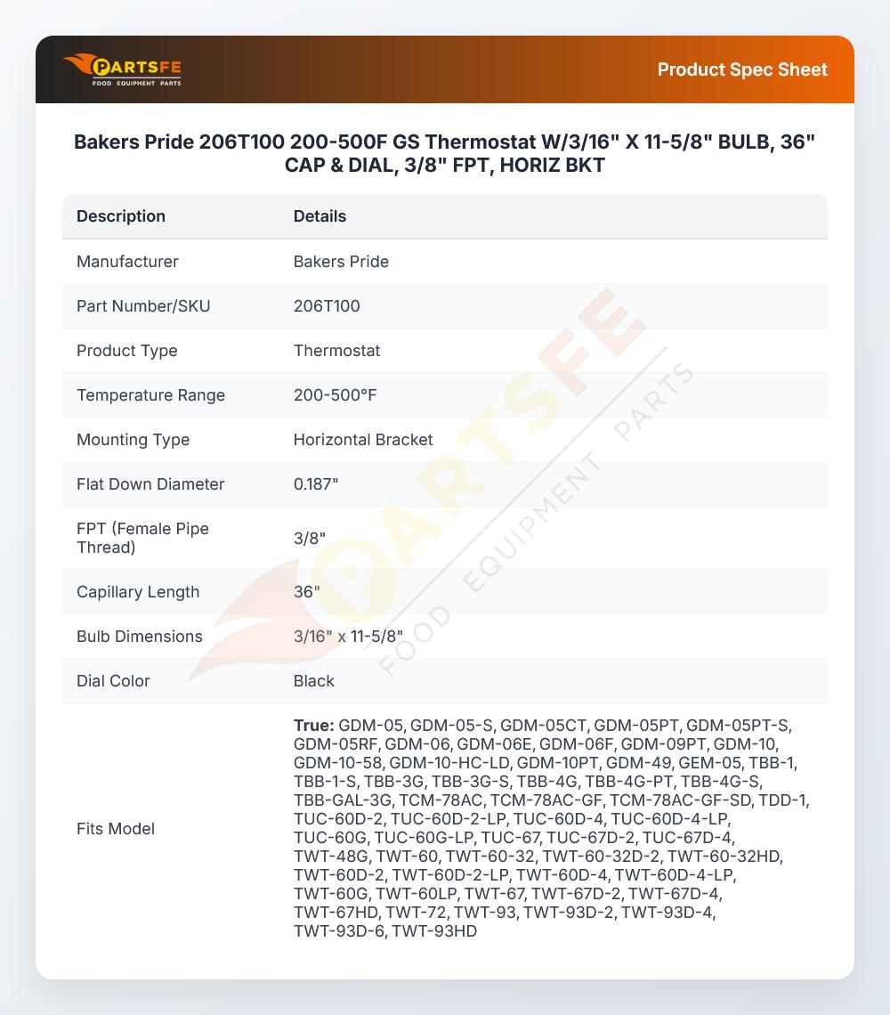 Bakers Pride 206T100 Thermostat 200-500&deg;F