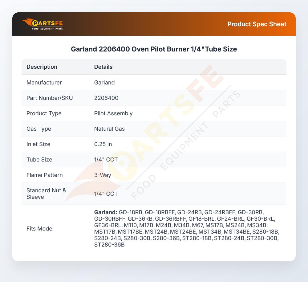 Garland 2206400 Oven Pilot Burner 1/4"Tube Size