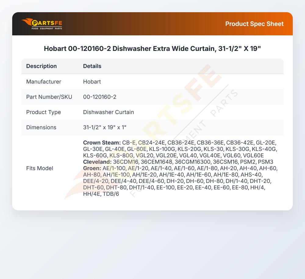 Hobart 00-120160-2 Dishwasher Extra Wide Curtain, 31-1/2" X 19"