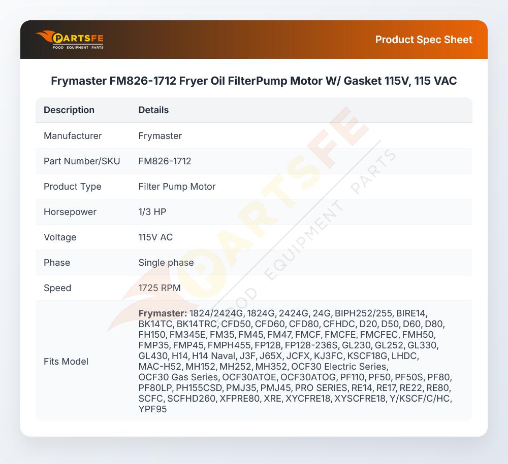 Frymaster FM826-1712 Fryer Oil FilterPump Motor W/ Gasket 115V, 115 VAC