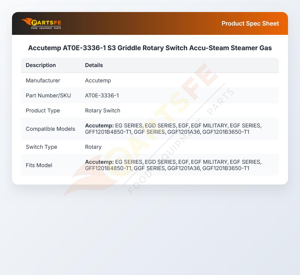Accutemp AT0E-3336-1 S3 Griddle Rotary Switch Accu-Steam Steamer Gas