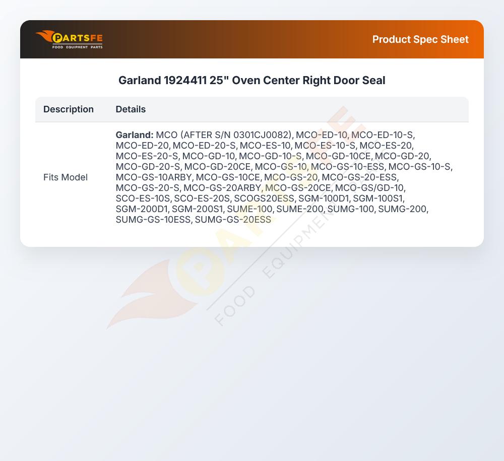 Garland 1924411 Convection Oven Center Right Door Seal 25"