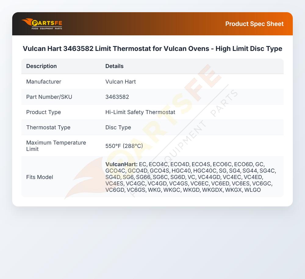 Vulcan Hart 3463582 Limit Thermostat for Vulcan Ovens - High Limit Disc Type