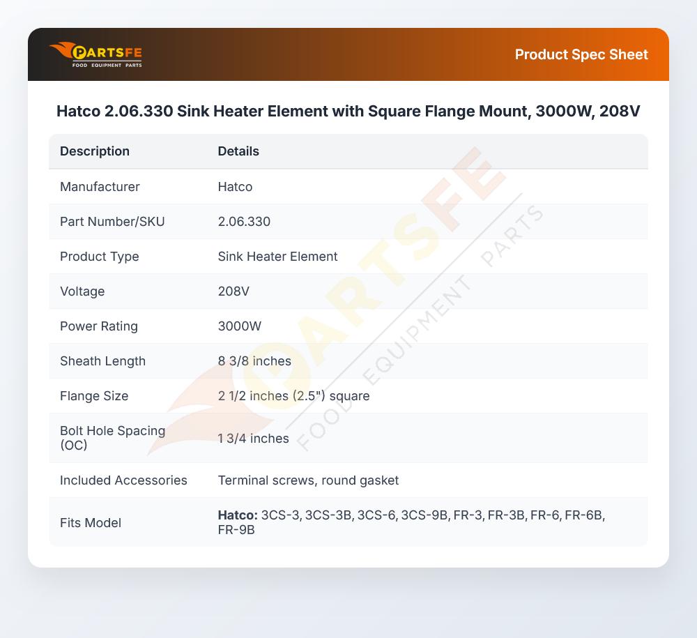Hatco 2.06.330 Sink Heater Element with Square Flange Mount, 3000W, 208V