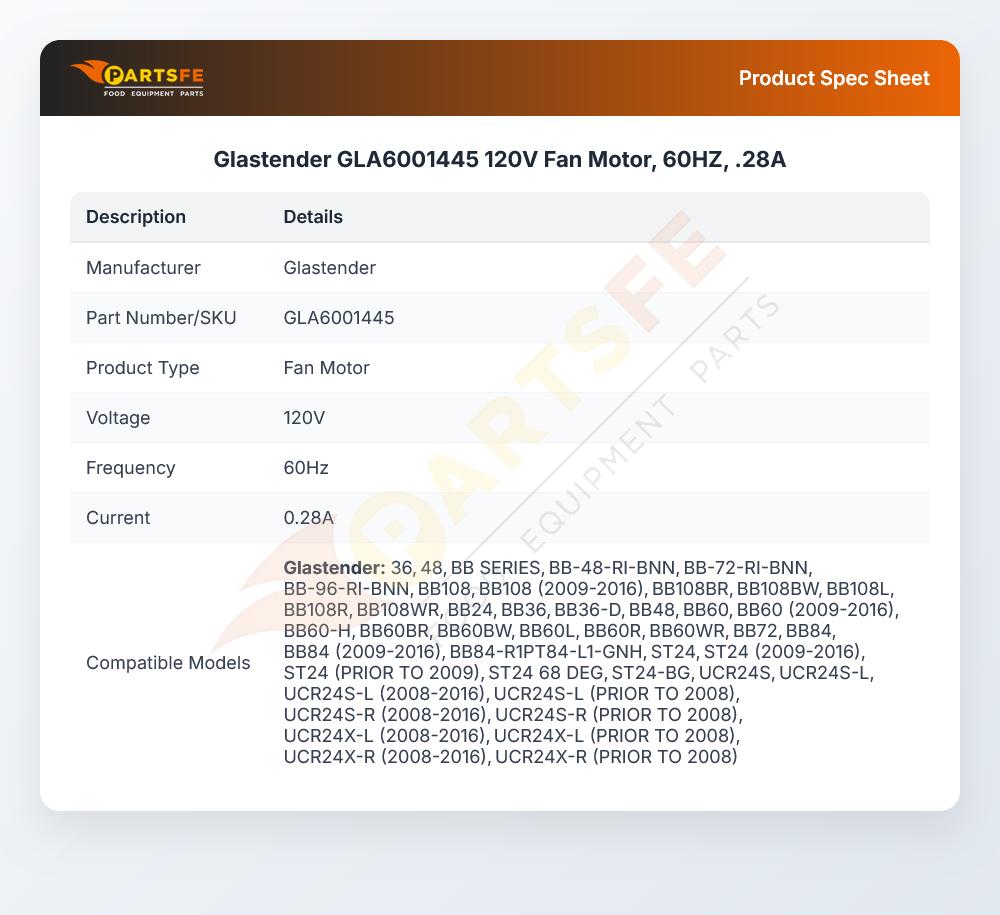 Glastender GLA6001445 120V Fan Motor, 60HZ, .28A